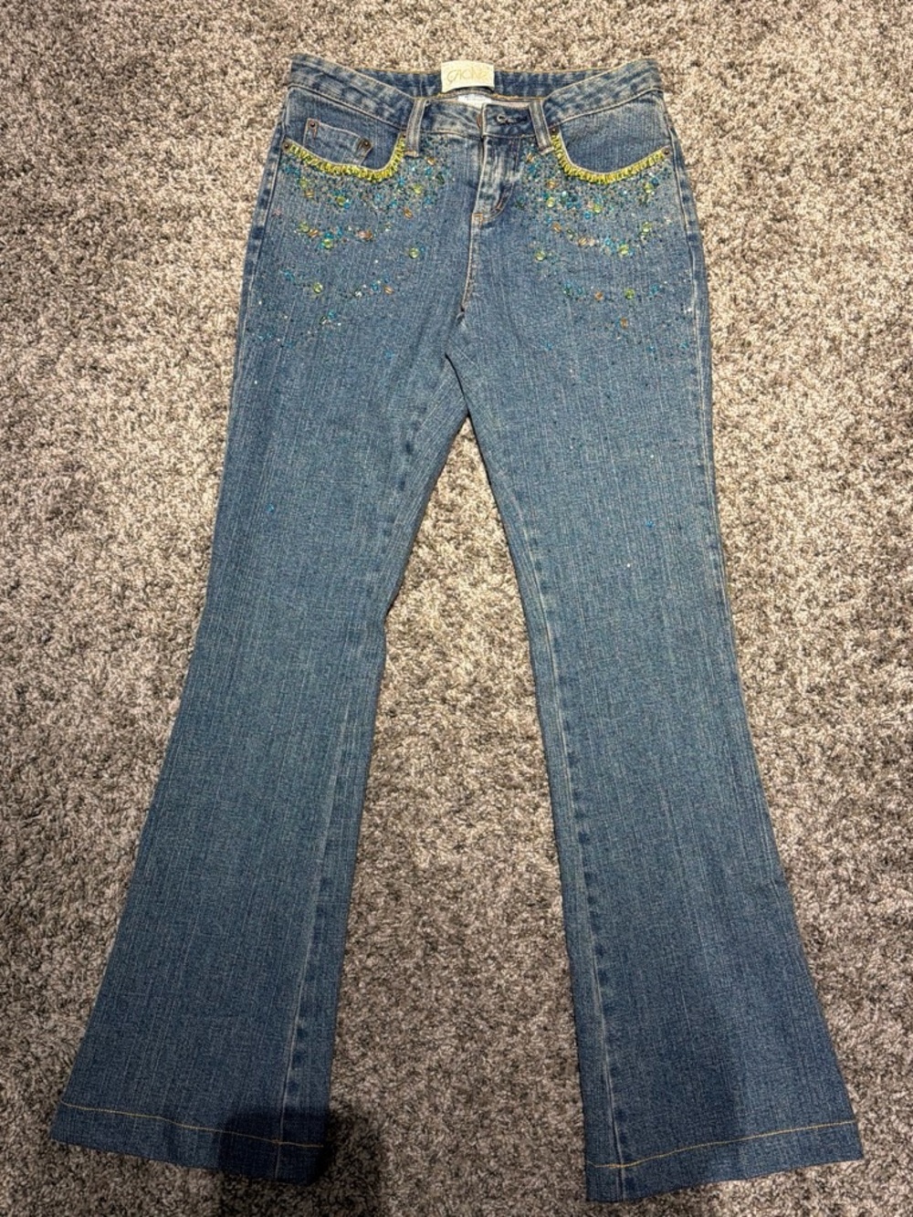Cache Blue Flared Jeans with Green & Aqua Embellishment